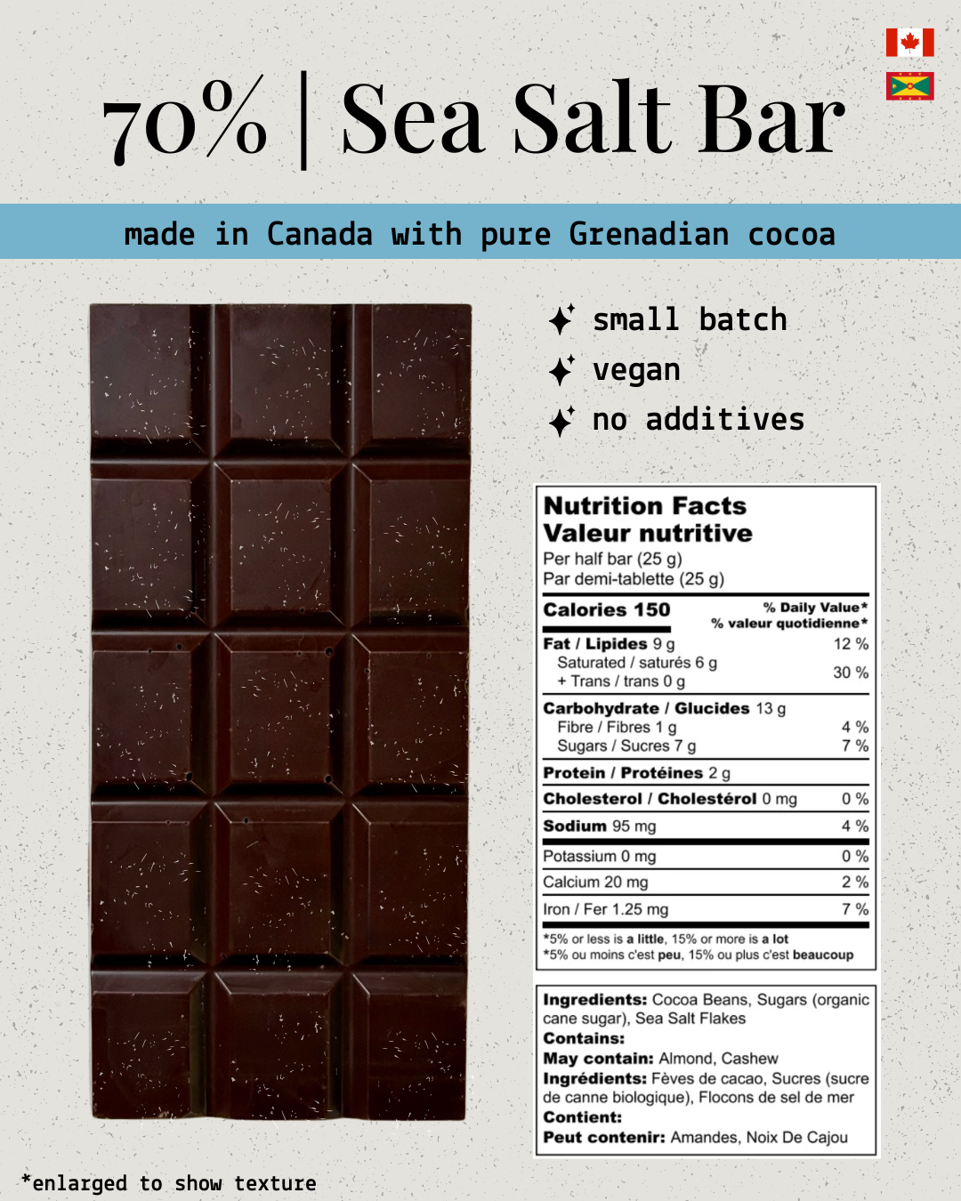 Grenadian Bean-to-Bar Dark Chocolate : 70% with Sea Salt