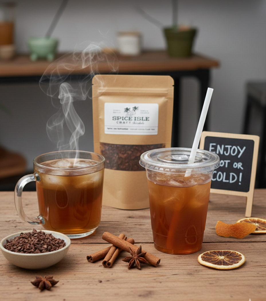 Spice Isle coffee package with hot and iced coffee on a wooden table.