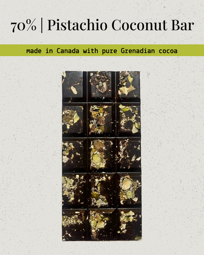 Grenadian Bean-to-Bar Dark Chocolate : 70% with Pistachio & Toasted Coconut