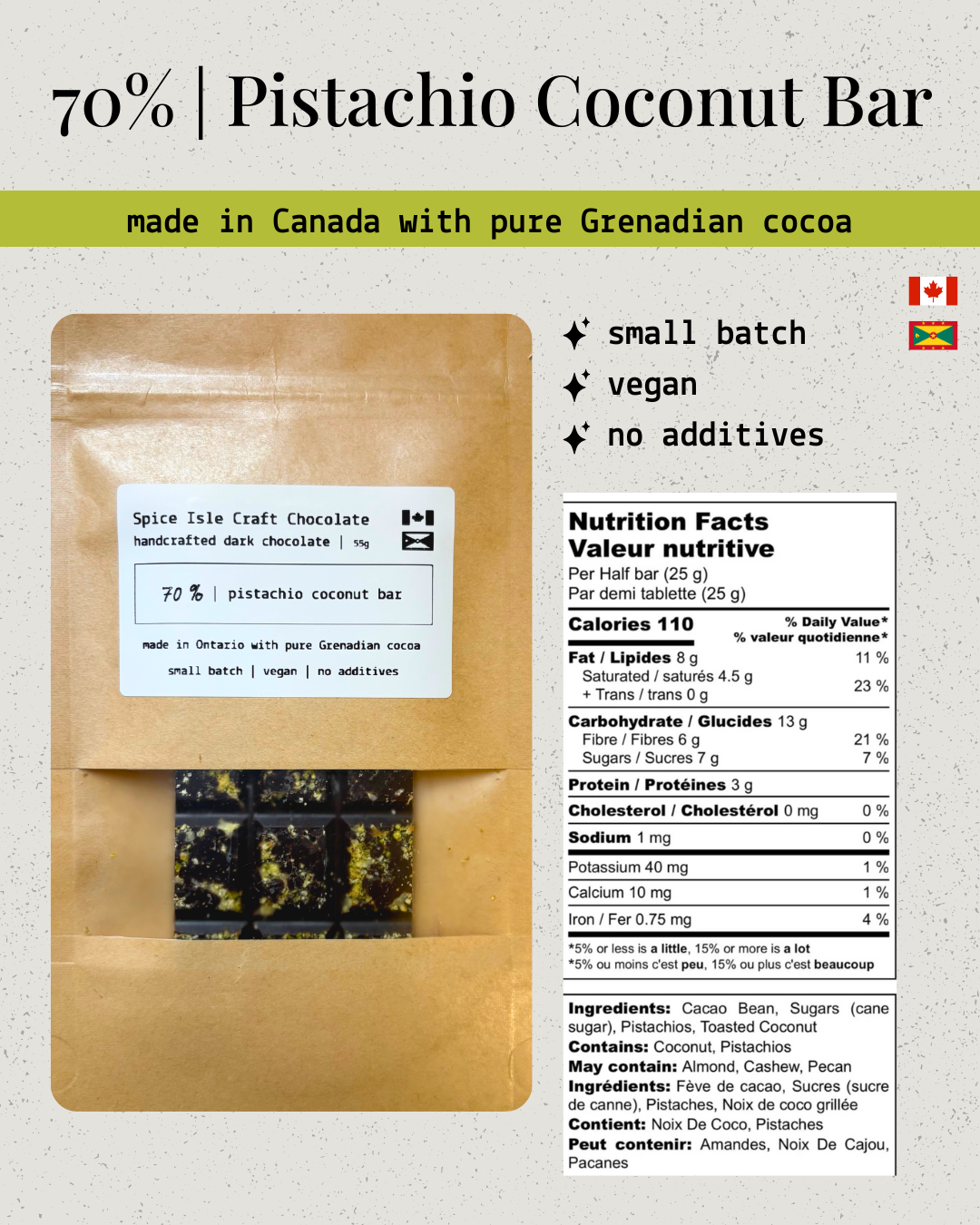 Grenadian Bean-to-Bar Dark Chocolate : 70% with Pistachio & Toasted Coconut